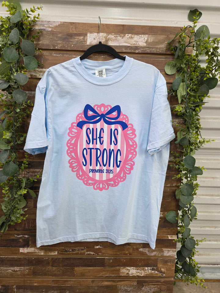 She Is Strong Proverbs 31:25 Faith Graphic Comfort Color T-Shirt