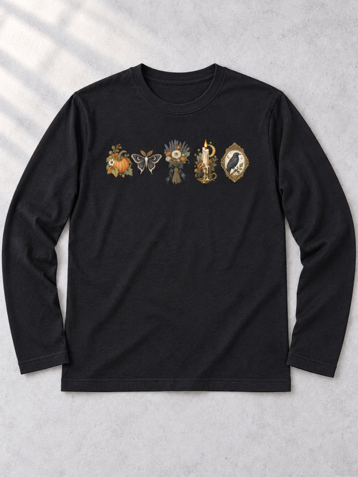 Fall Moth Flowers Raven Boyfriend Long Sleeve Graphic T-Shirt