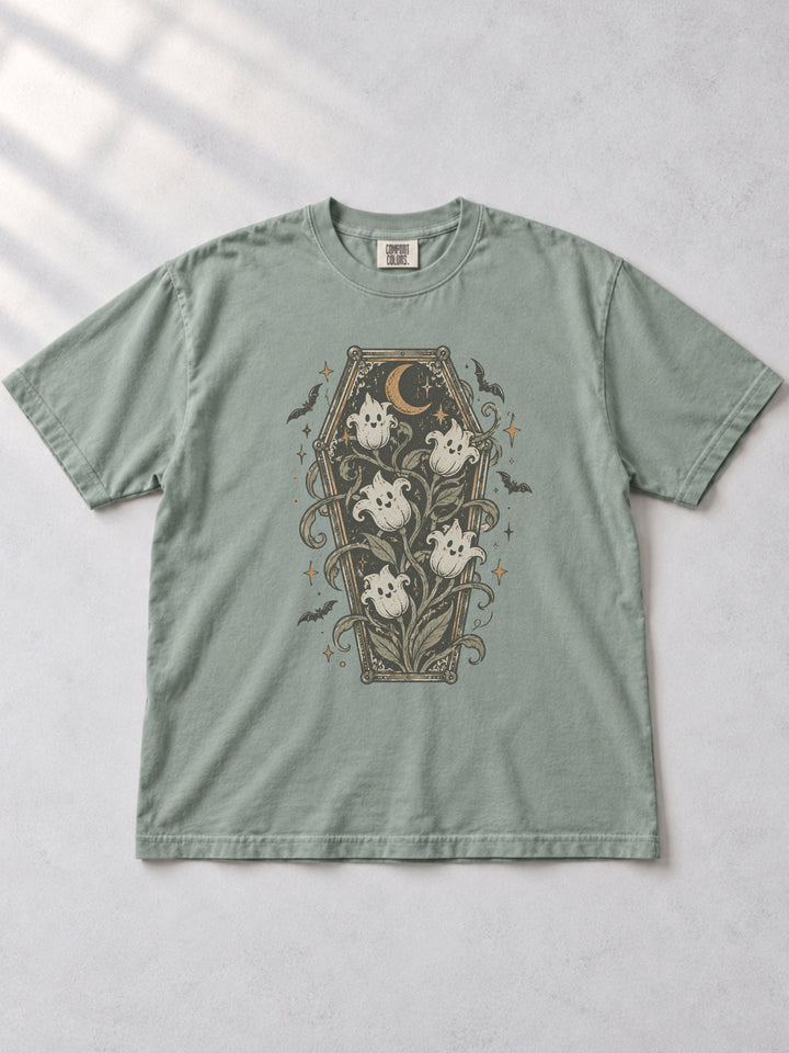 Coffin Spooky Flowers Graphic Comfort Color T-Shirt