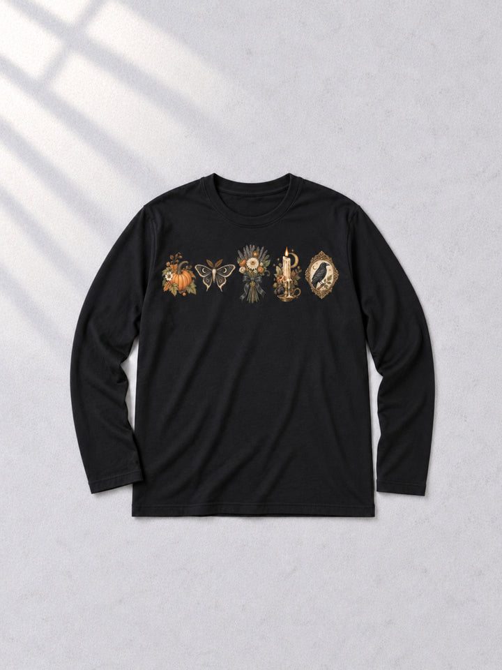 Fall Moth Flowers Raven Boyfriend Long Sleeve Graphic T-Shirt