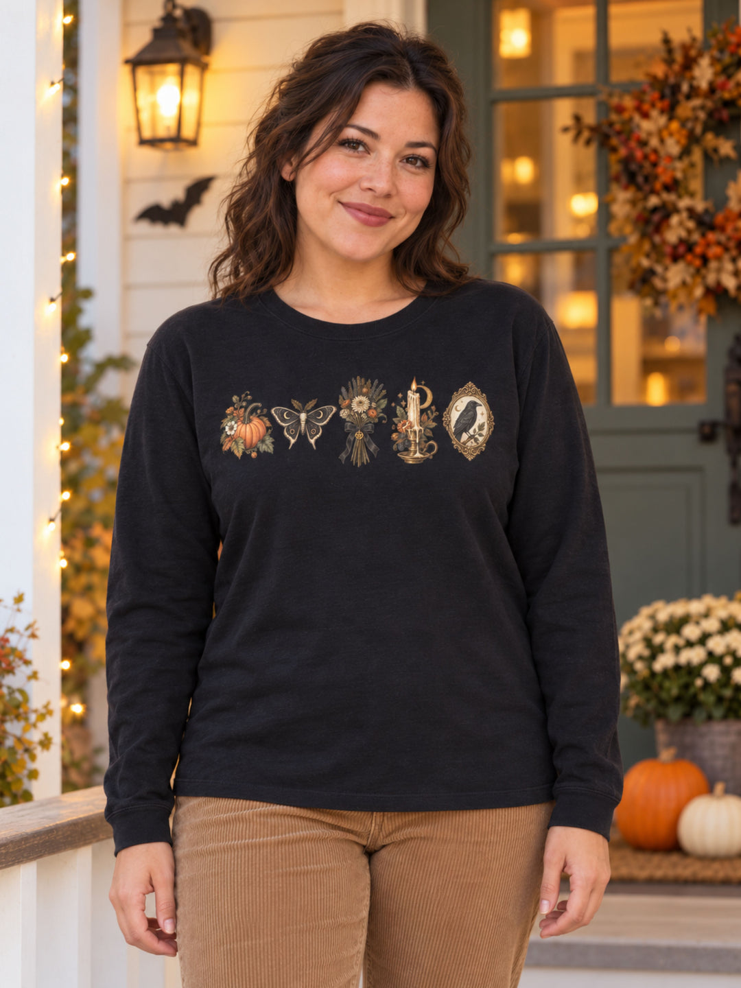 Fall Moth Flowers Raven Boyfriend Long Sleeve Graphic T-Shirt