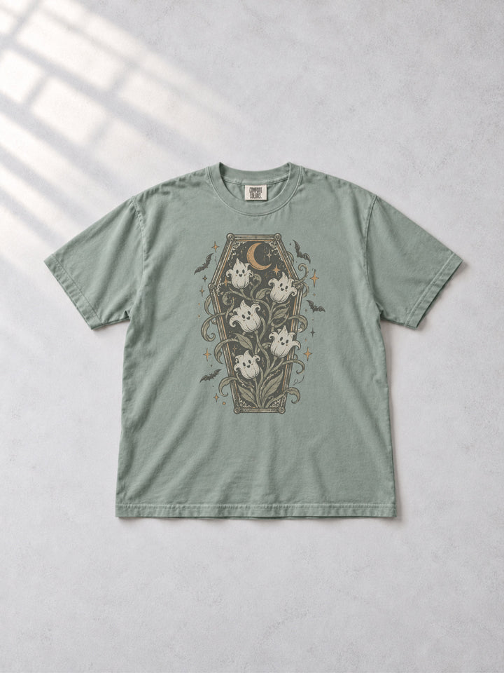 Coffin Spooky Flowers Graphic Comfort Color T-Shirt