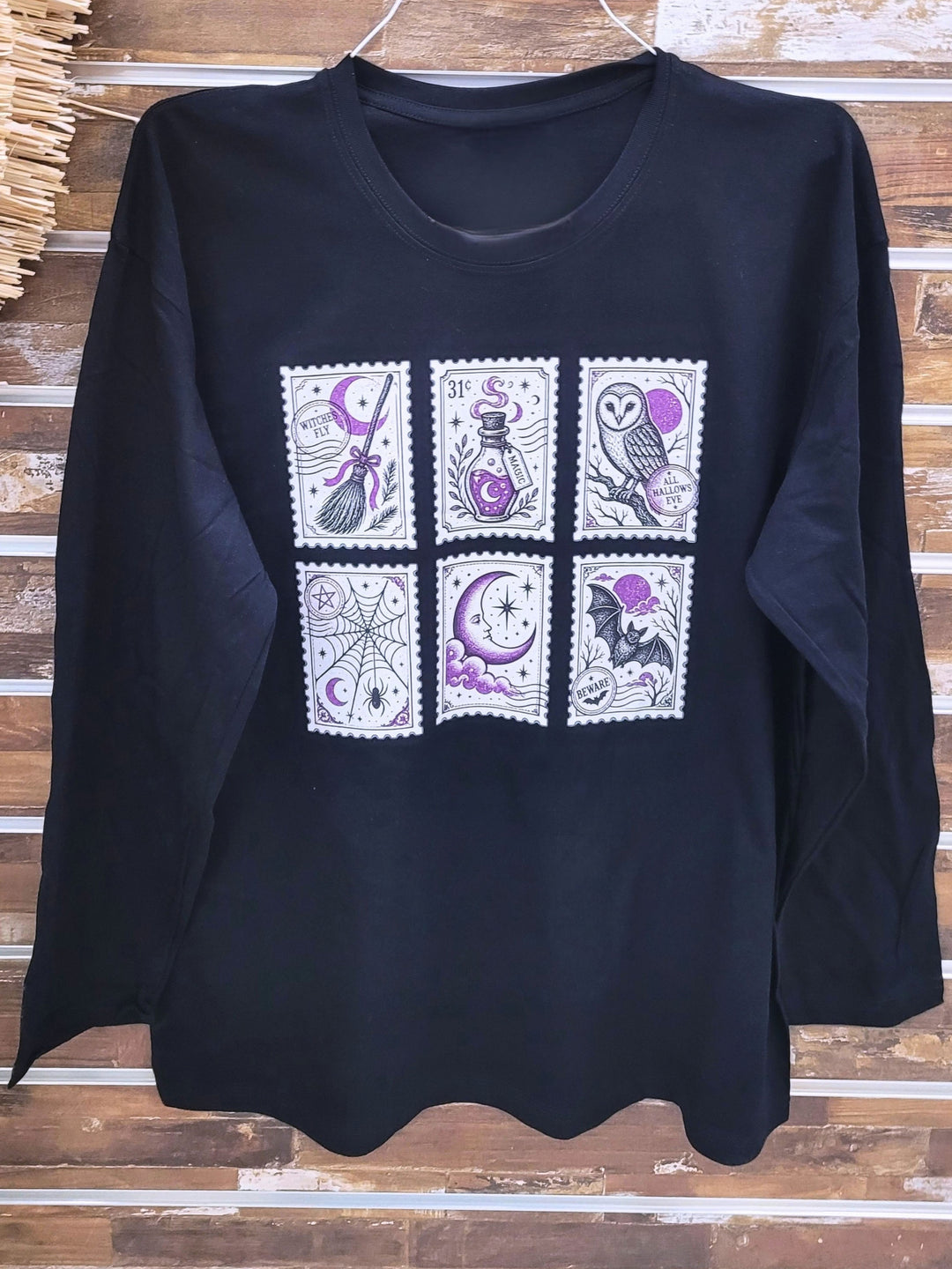 Purple Halloween Stamps Boyfrind Long Sleeve Graphic T-Shirt