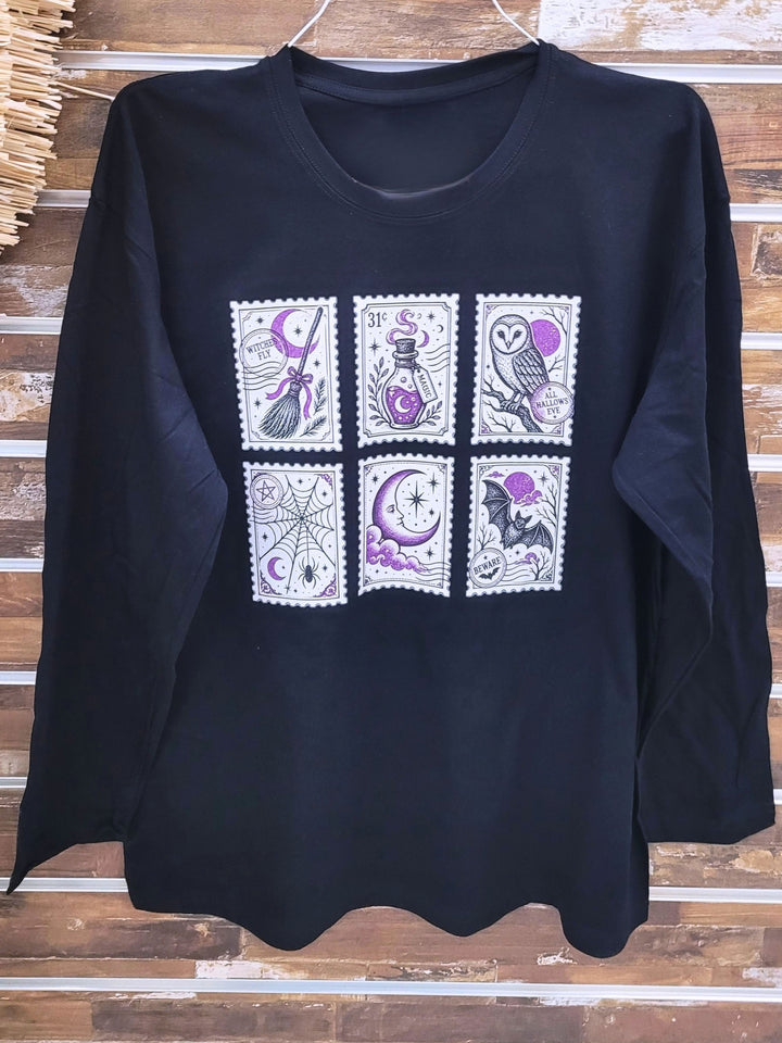 Purple Halloween Stamps Boyfrind Long Sleeve Graphic T-Shirt