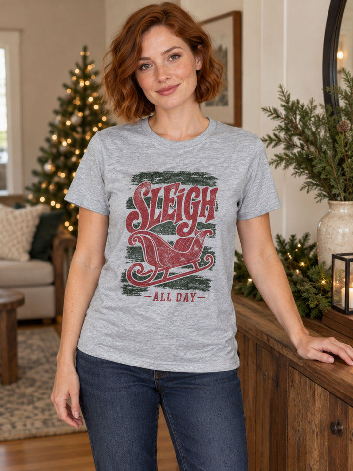 Sleigh All Day Red and Green Graphic T-Shirt