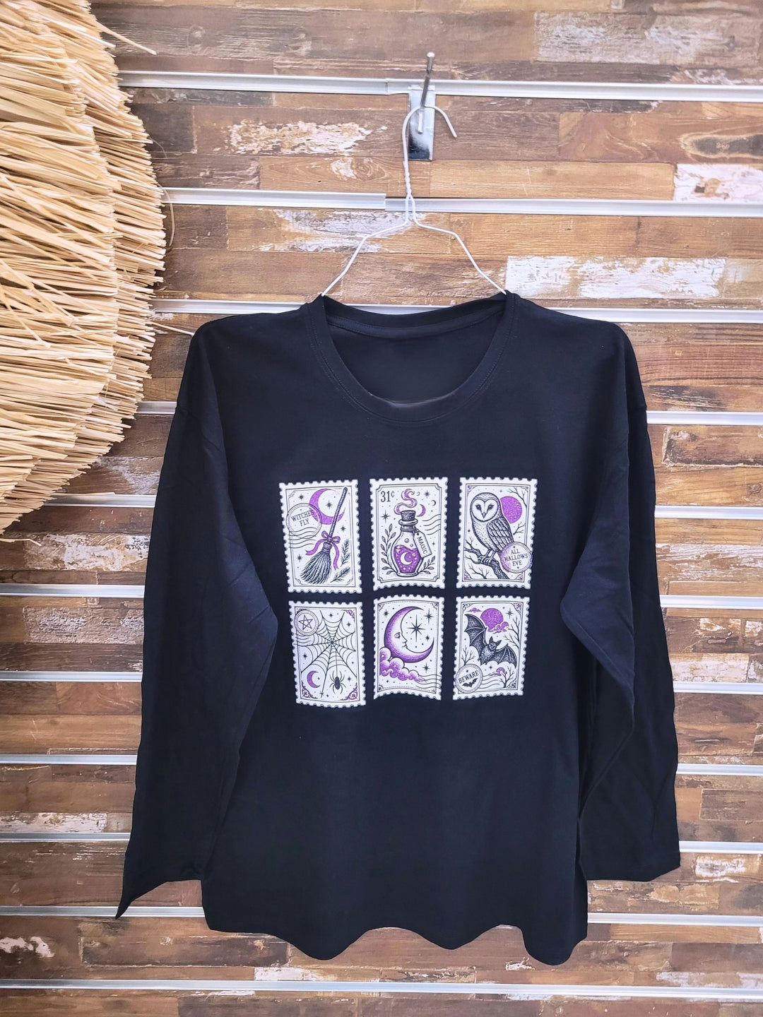 Purple Halloween Stamps Boyfrind Long Sleeve Graphic T-Shirt