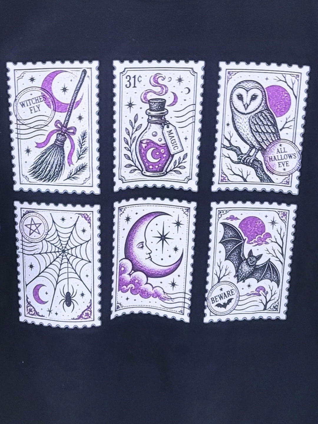 Purple Halloween Stamps Boyfrind Long Sleeve Graphic T-Shirt