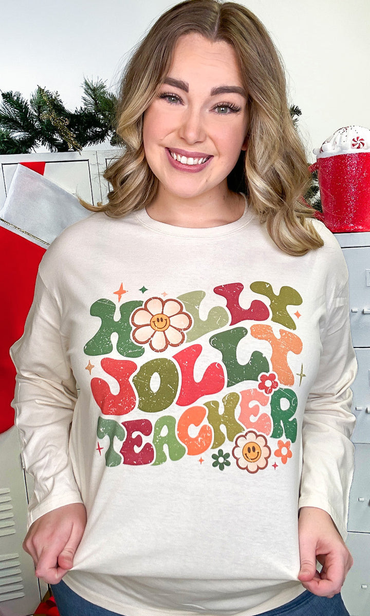 Holly Jolly Teacher Graphic Boyfriend Long Sleeve T-Shirt