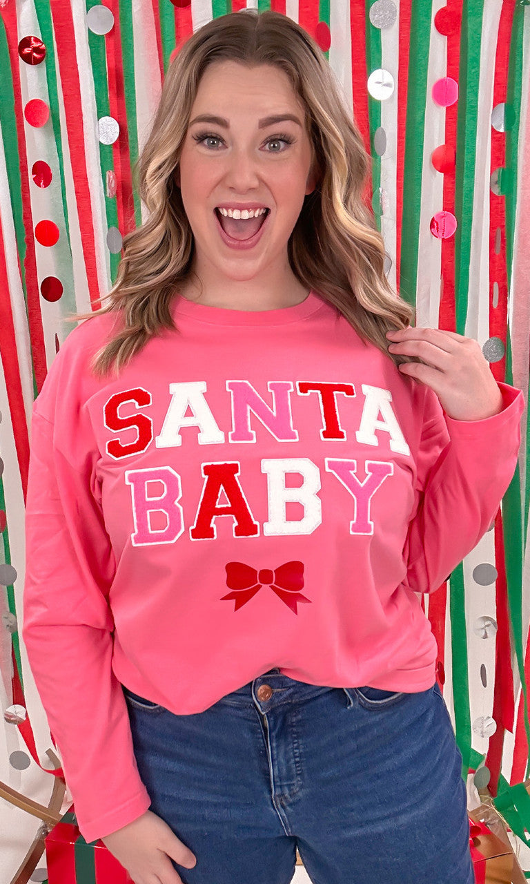 Soft Chenille Santa Baby Boyfriend Long Sleeve T-Shirt