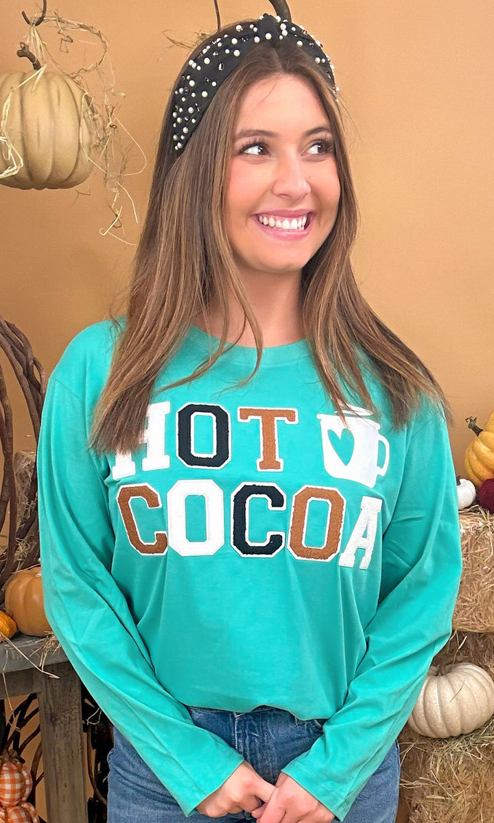 Soft Chenille Hot Cocoa Graphic Boyfriend Long Sleeve T-Shirt