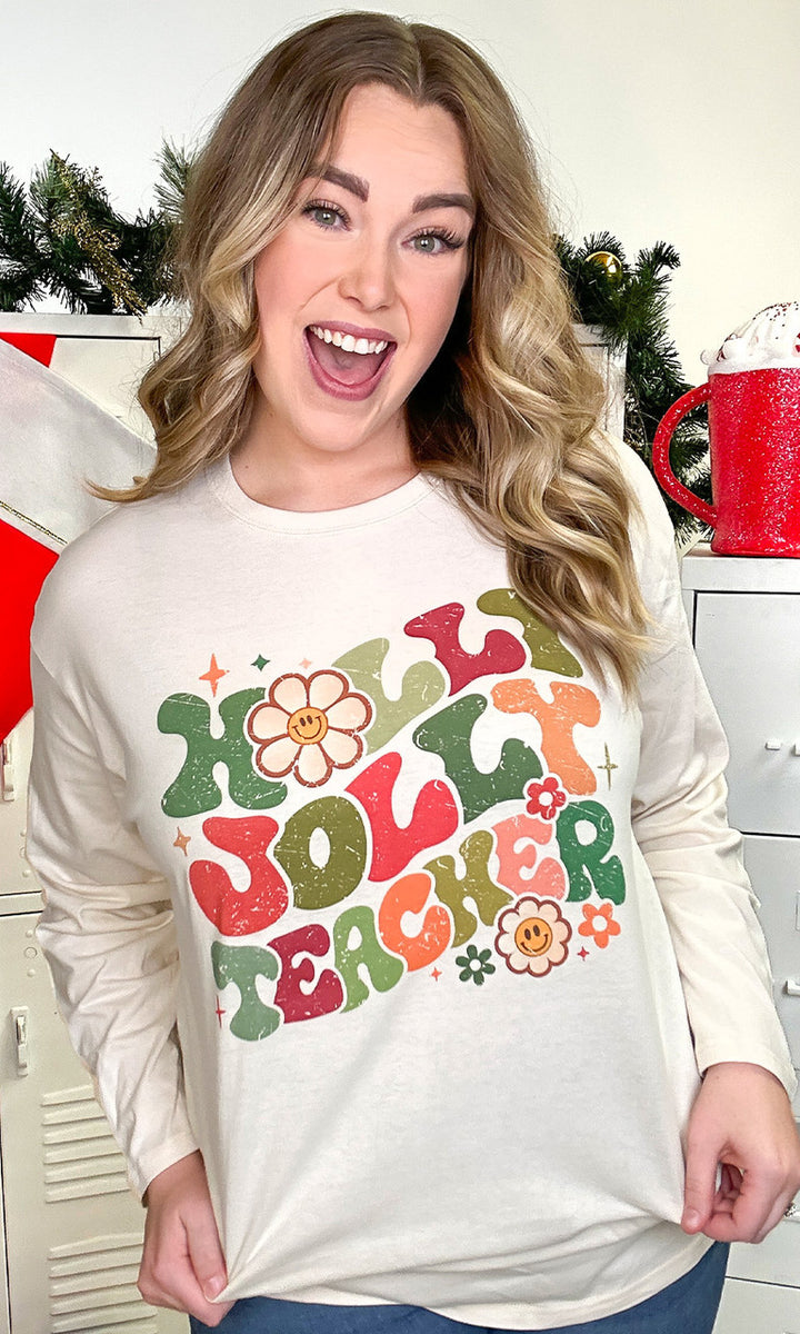 Holly Jolly Teacher Graphic Boyfriend Long Sleeve T-Shirt
