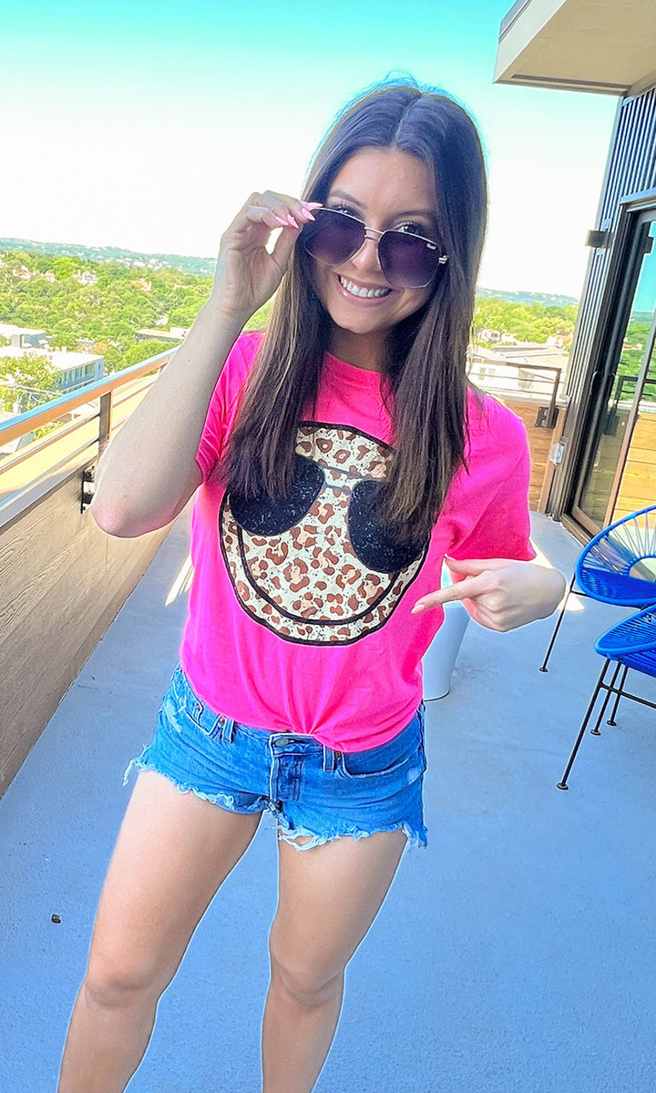 Beach Vibes Leopard Smiley T-Shirt