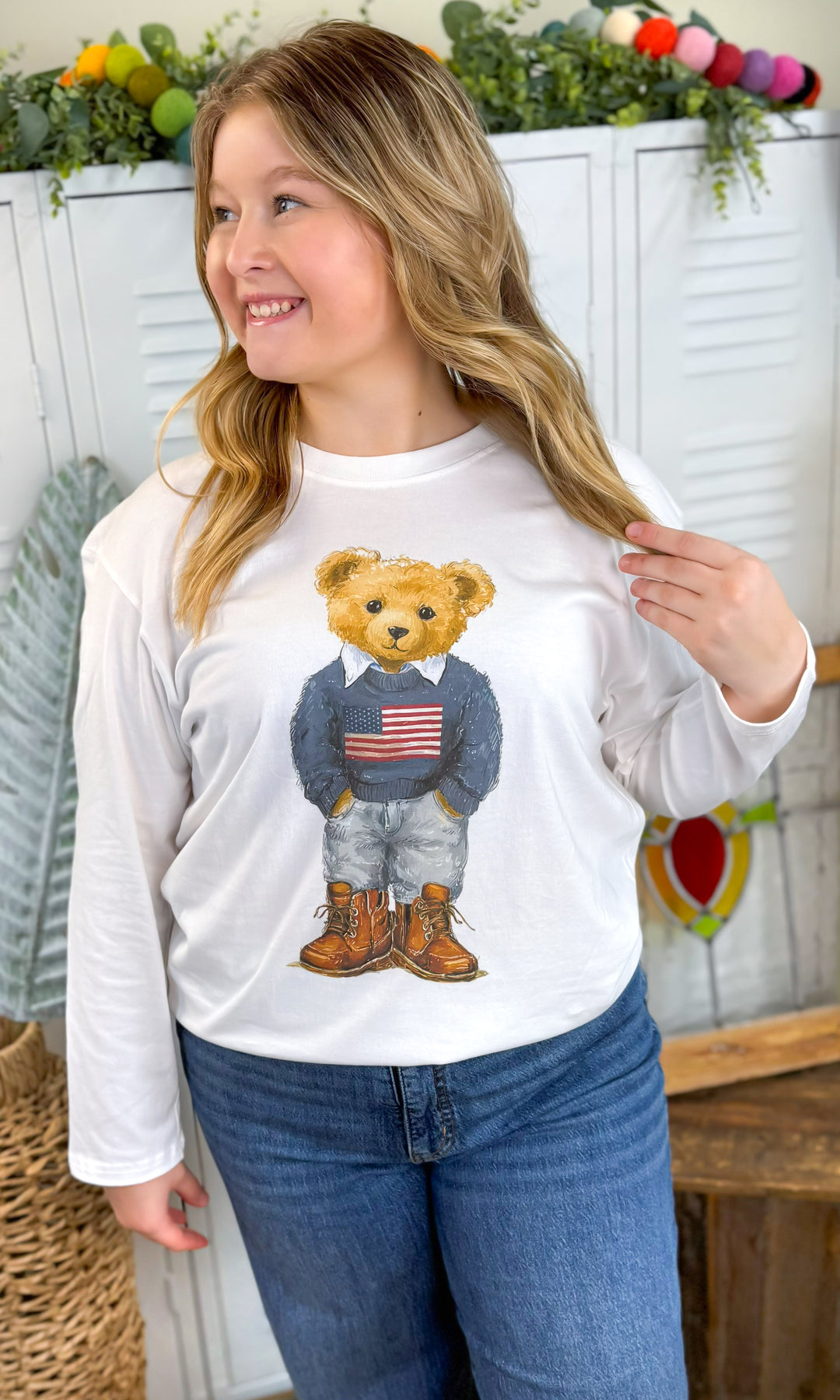 All American Teddy Bear Graphic BF Long Sleeve Graphic T-Shirt