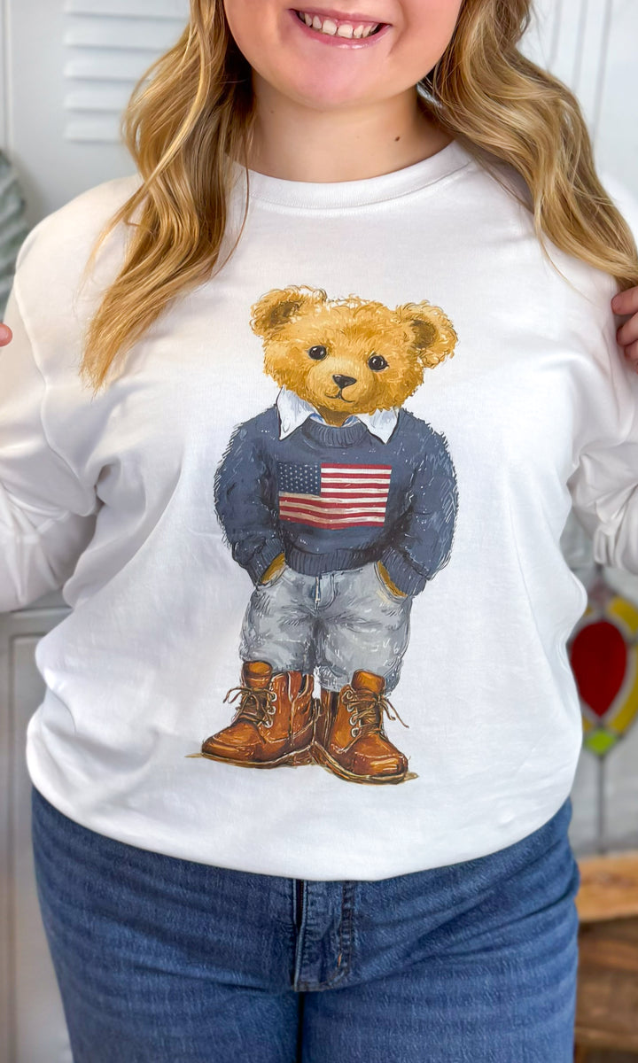 All American Teddy Bear Graphic BF Long Sleeve Graphic T-Shirt