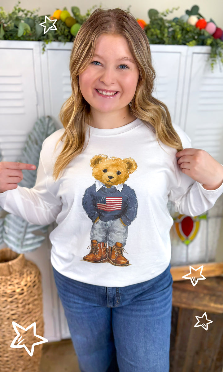 All American Teddy Bear Graphic BF Long Sleeve Graphic T-Shirt
