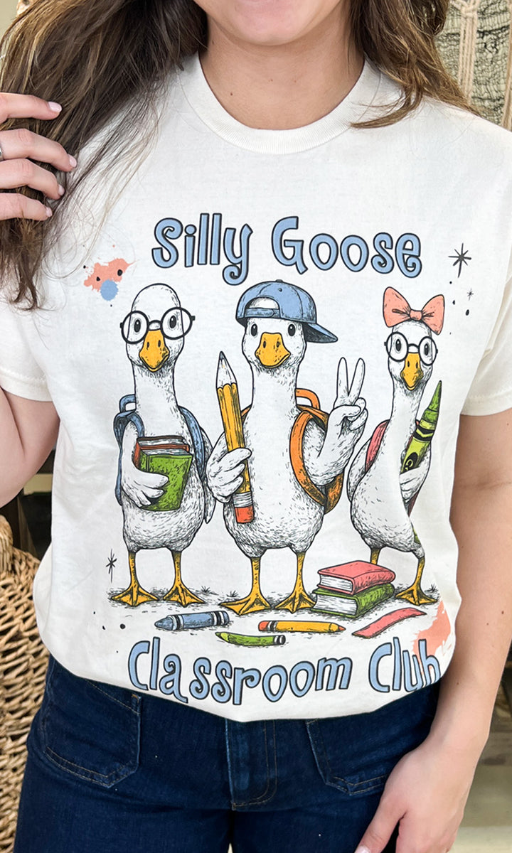 Silly Goose Classroom Club Teacher Graphic Shirt features playful geese in a fun classroom design, perfect for educators.
