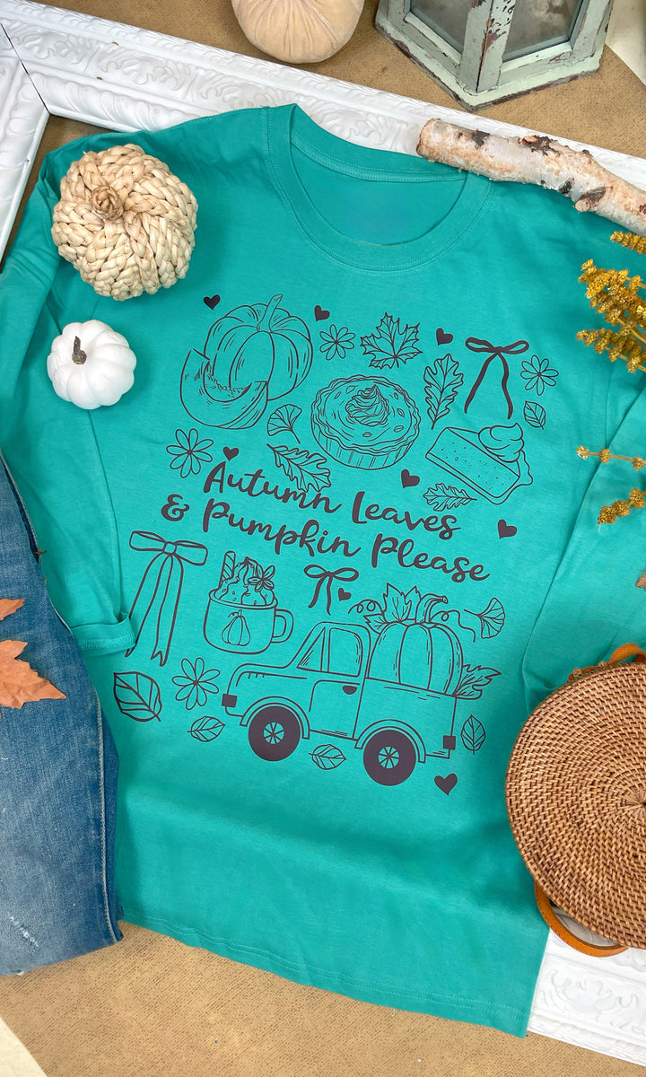 Autumn Leaves &amp; Pumpkins Please Fall Graphic Long Sleeve T-Shirt