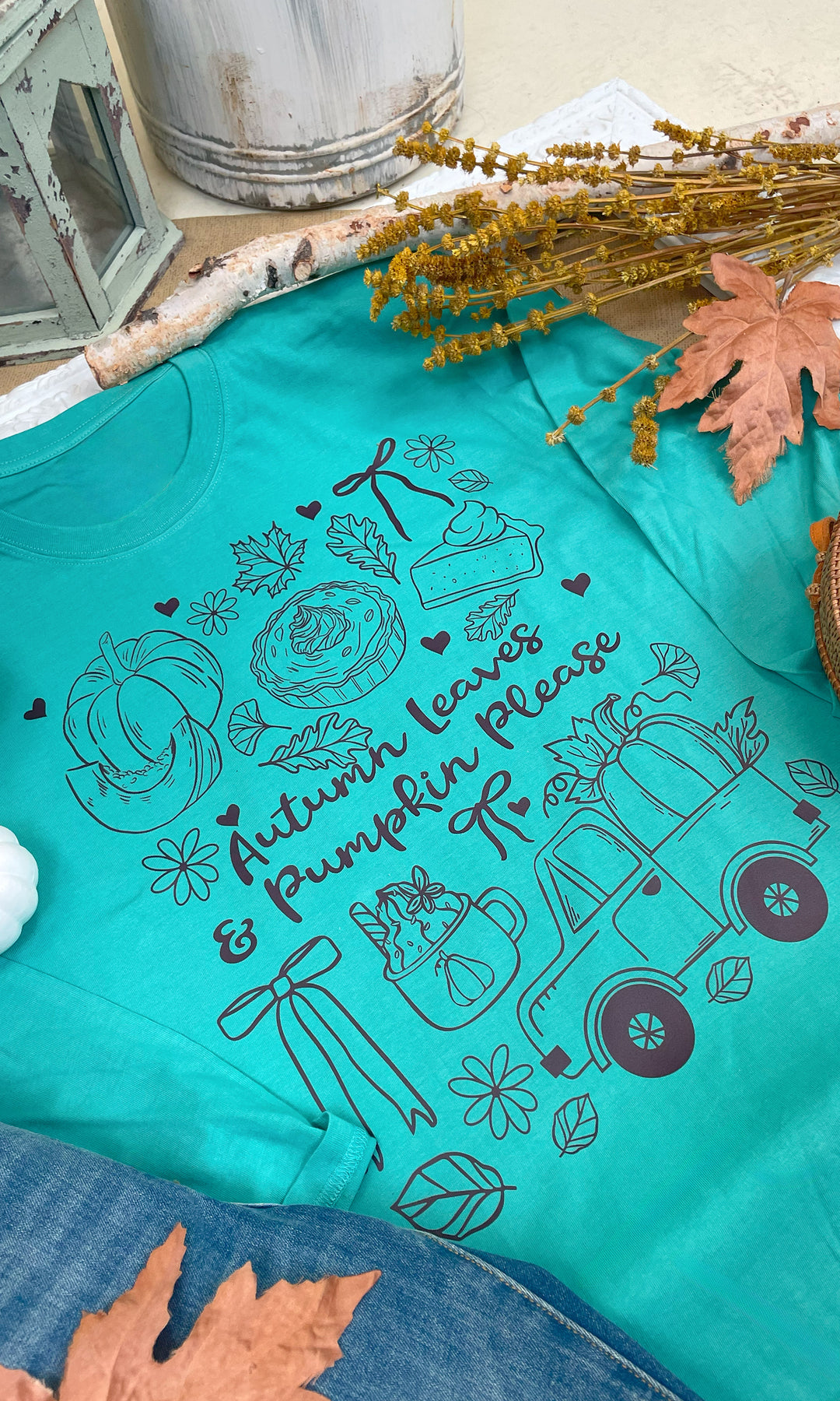 Autumn Leaves &amp; Pumpkins Please Fall Graphic Long Sleeve T-Shirt