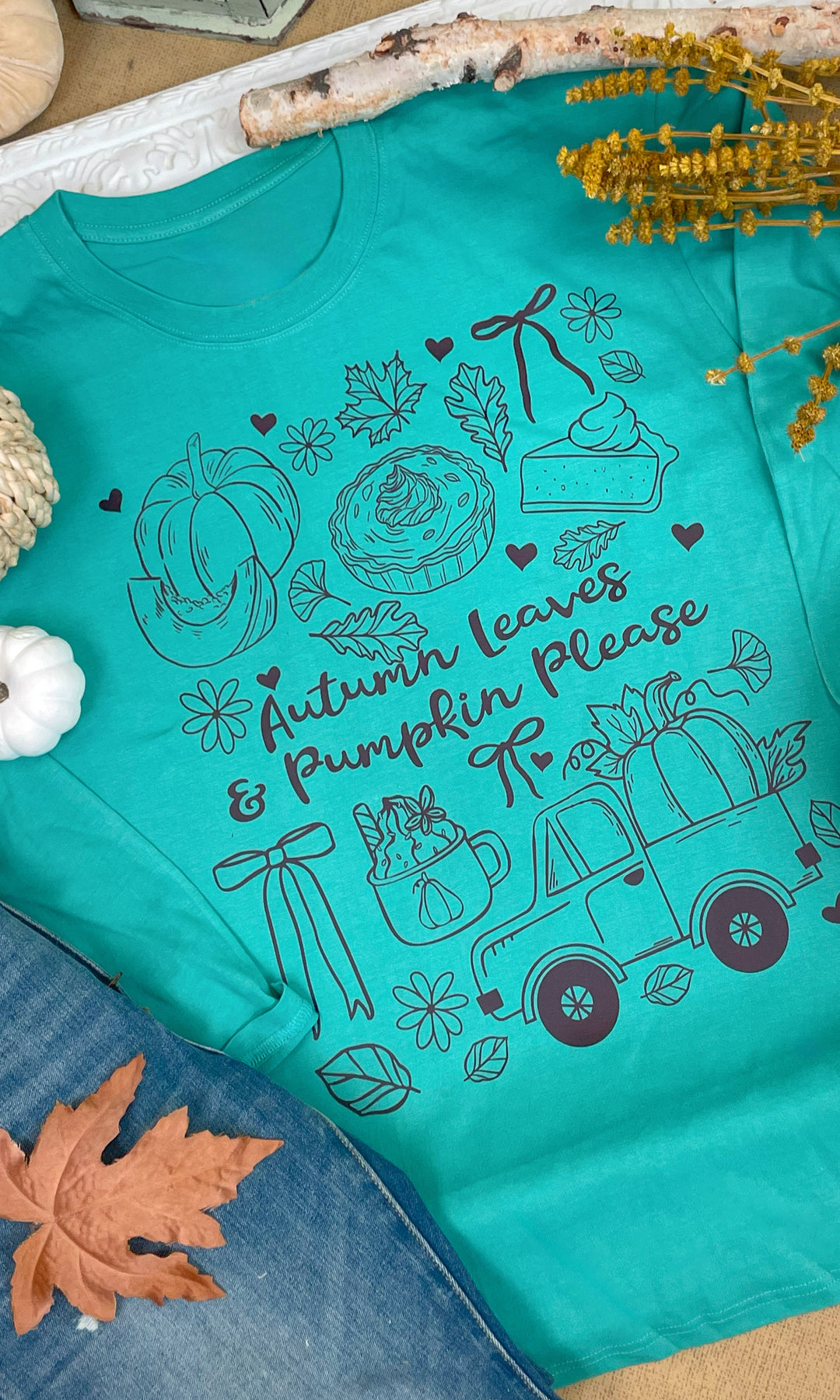 Autumn Leaves &amp; Pumpkins Please Fall Graphic Long Sleeve T-Shirt