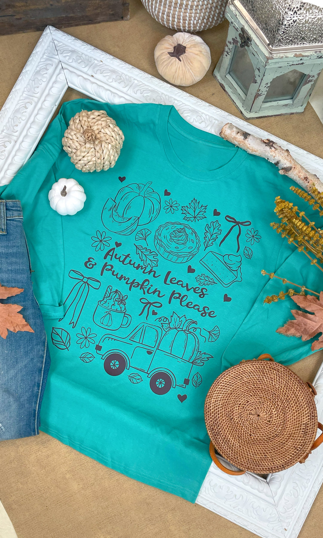 Autumn Leaves &amp; Pumpkins Please Fall Graphic Long Sleeve T-Shirt
