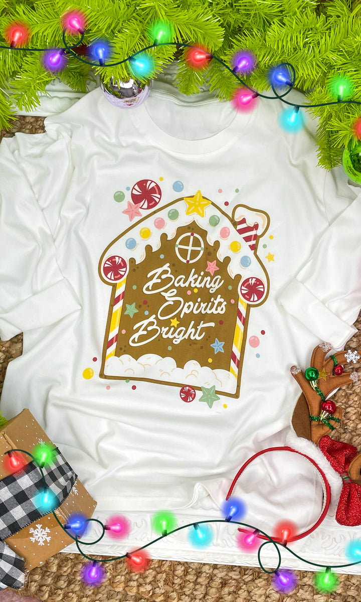 Baking Spirits Bright Gingerbread House Christmas Long Sleeve Graphic T-Shirt