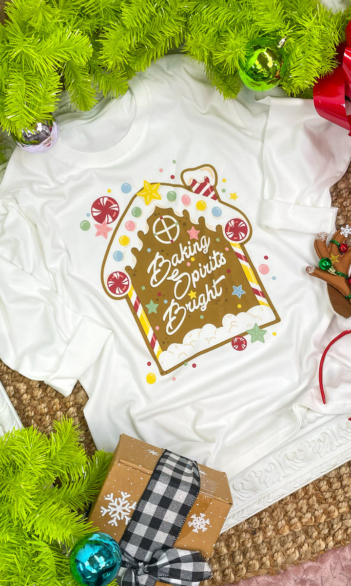 Baking Spirits Bright Gingerbread House Christmas Long Sleeve Graphic T-Shirt