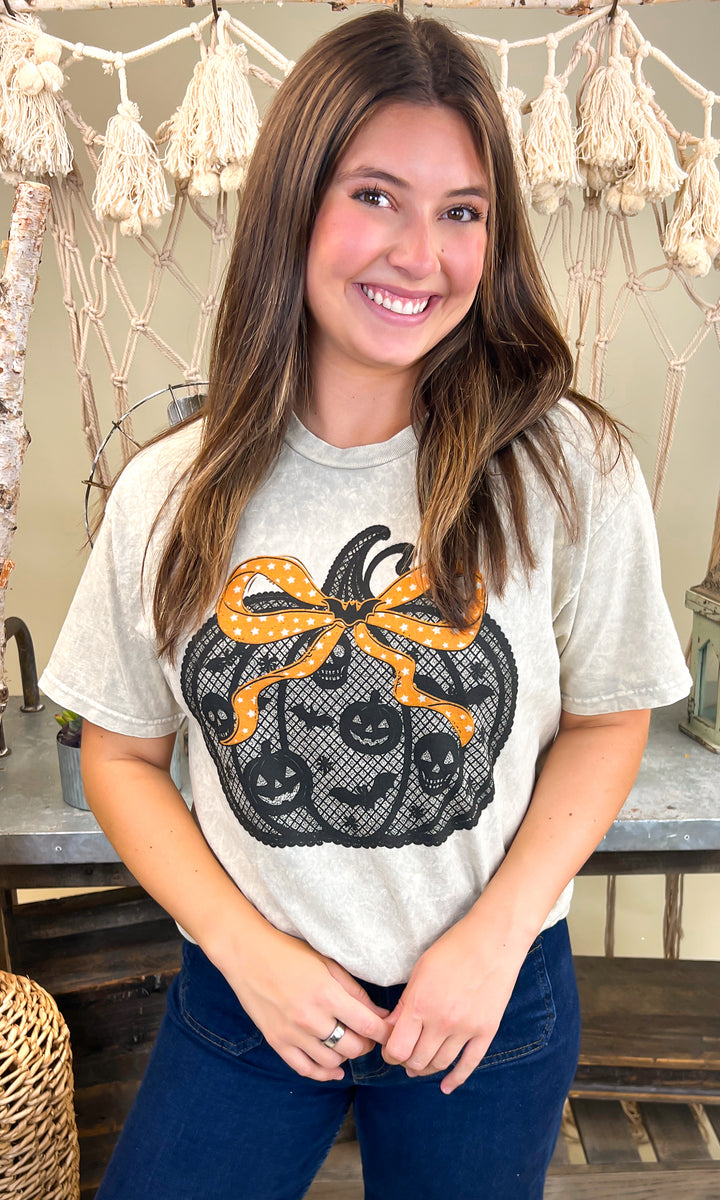 Black Lace Pumpkin Halloween Mineral Washed Graphic Shirt