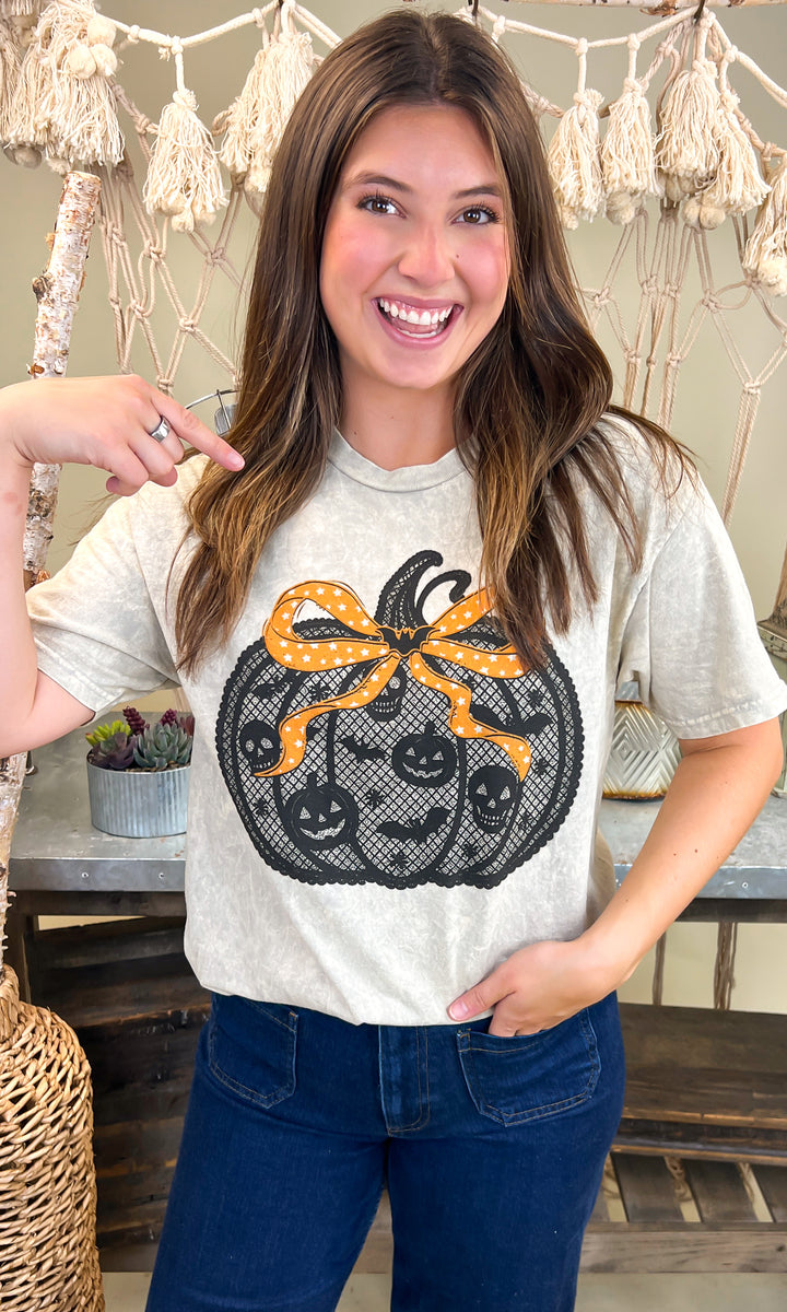 Black Lace Pumpkin Halloween Mineral Washed Graphic Shirt