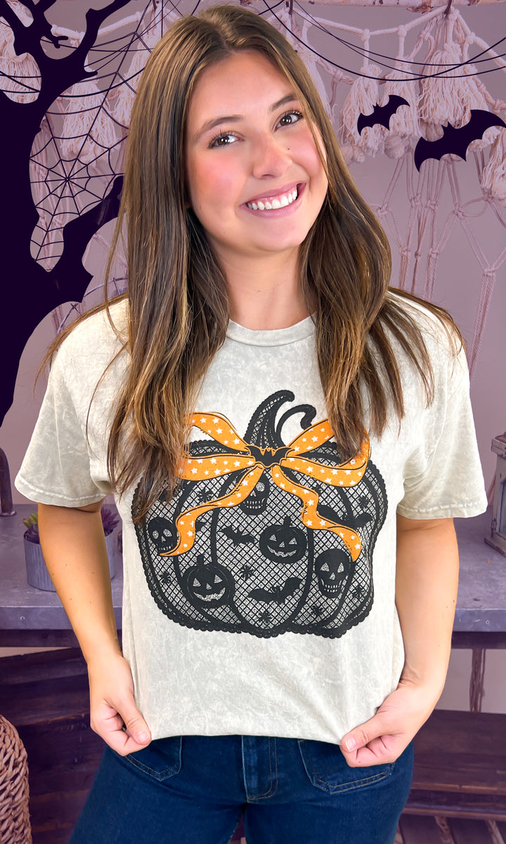 Black Lace Pumpkin Halloween Mineral Washed Graphic Shirt