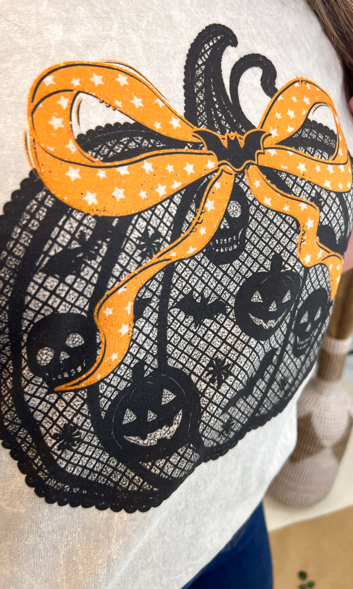 Black Lace Pumpkin Halloween Mineral Washed Graphic Shirt