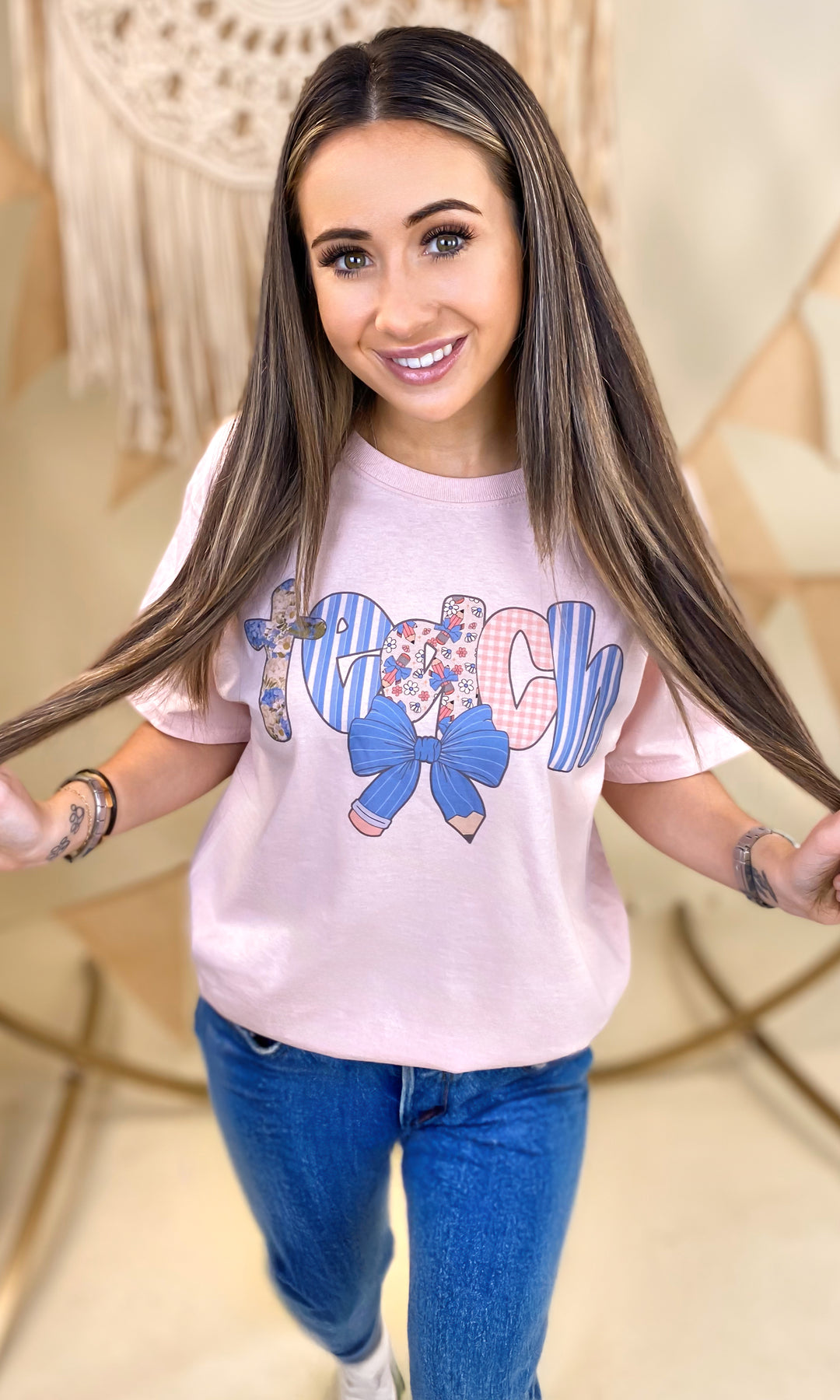 Blue Teach Pencil Bow Graphic T-Shirt