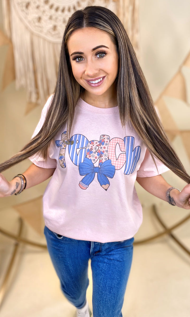 Blue Teach Pencil Bow Graphic T-Shirt