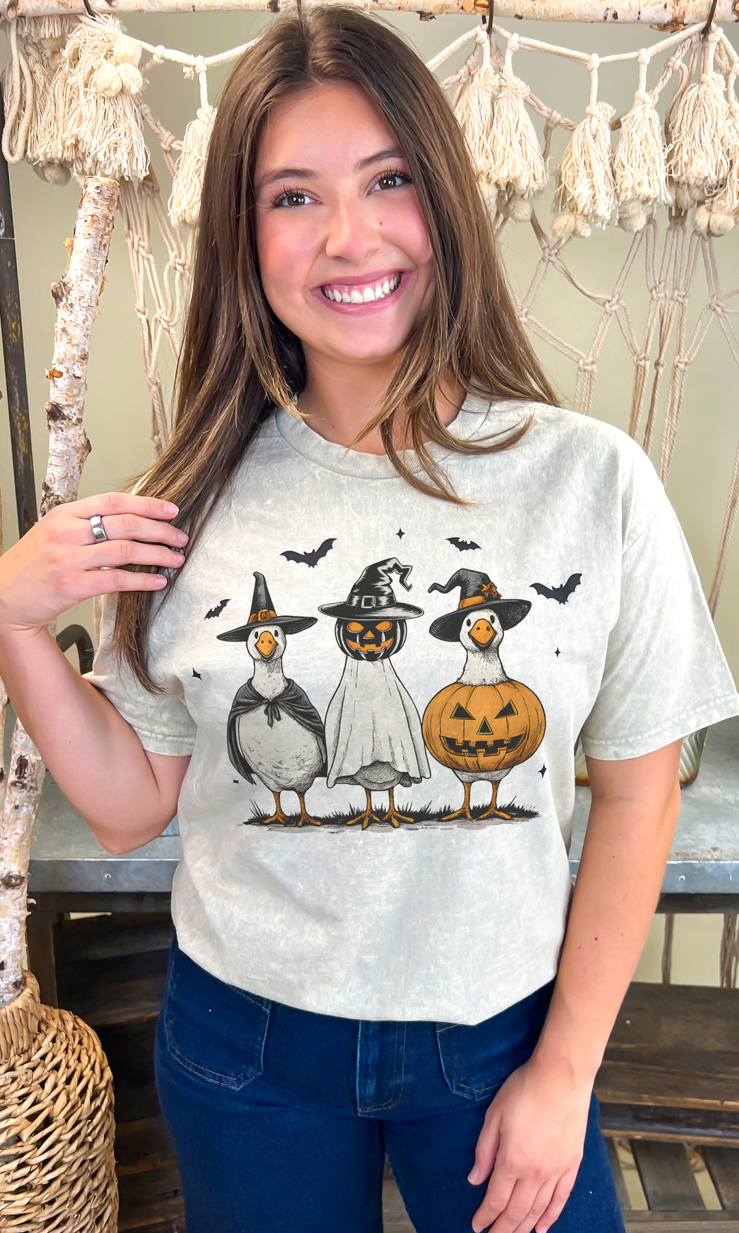 Boo Ghost and Geese Halloween Mineral Washed Graphic Shirt
