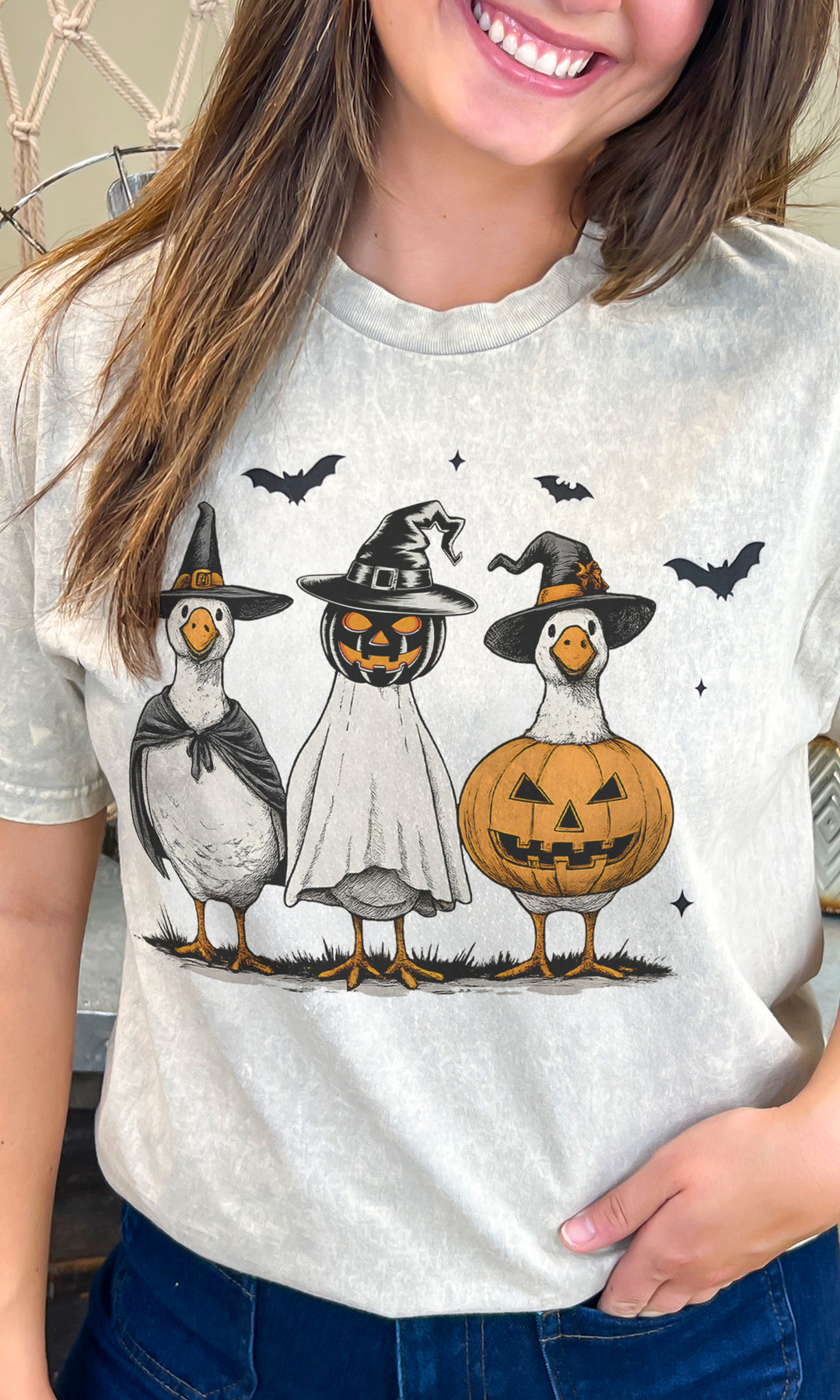 Boo Ghost and Geese Halloween Mineral Washed Graphic Shirt