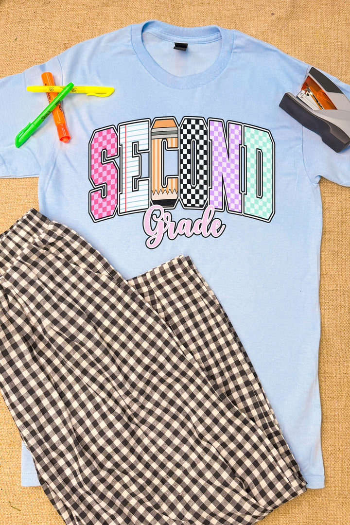 Light blue Checkerboard Grade Level Graphic T-Shirt with "SECOND Grade" design, perfect for school outfits.