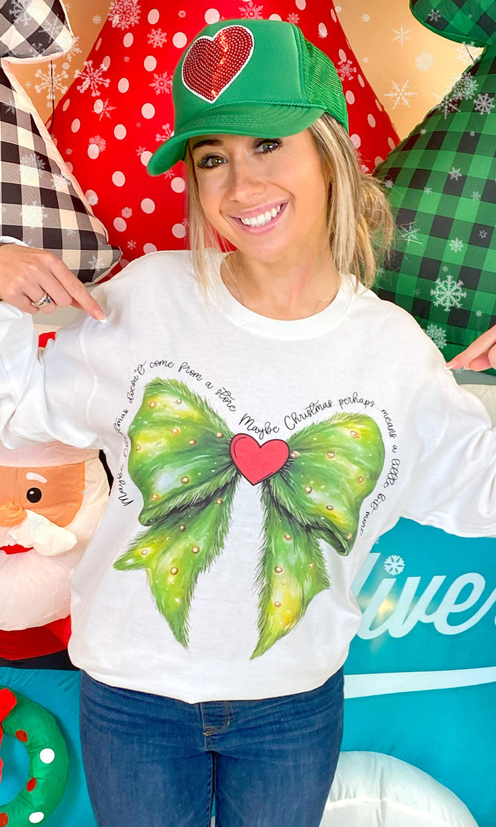 Christmas Green Bow Graphic Long Sleeve T-Shirt