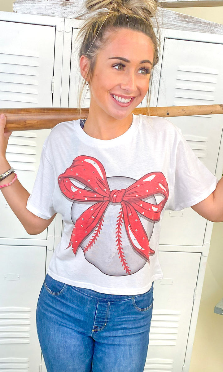 Custom Baseball Bow Rhinestone Graphic Crop Top