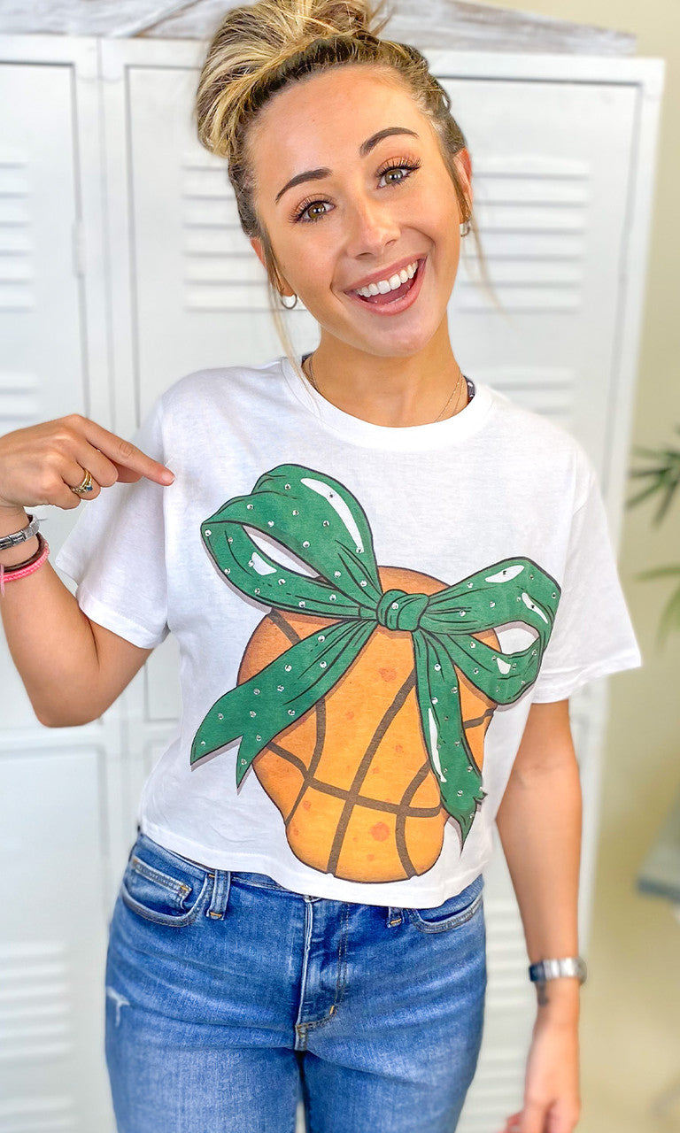 Custom Basketball Bow Rhinestone Graphic Crop Top
