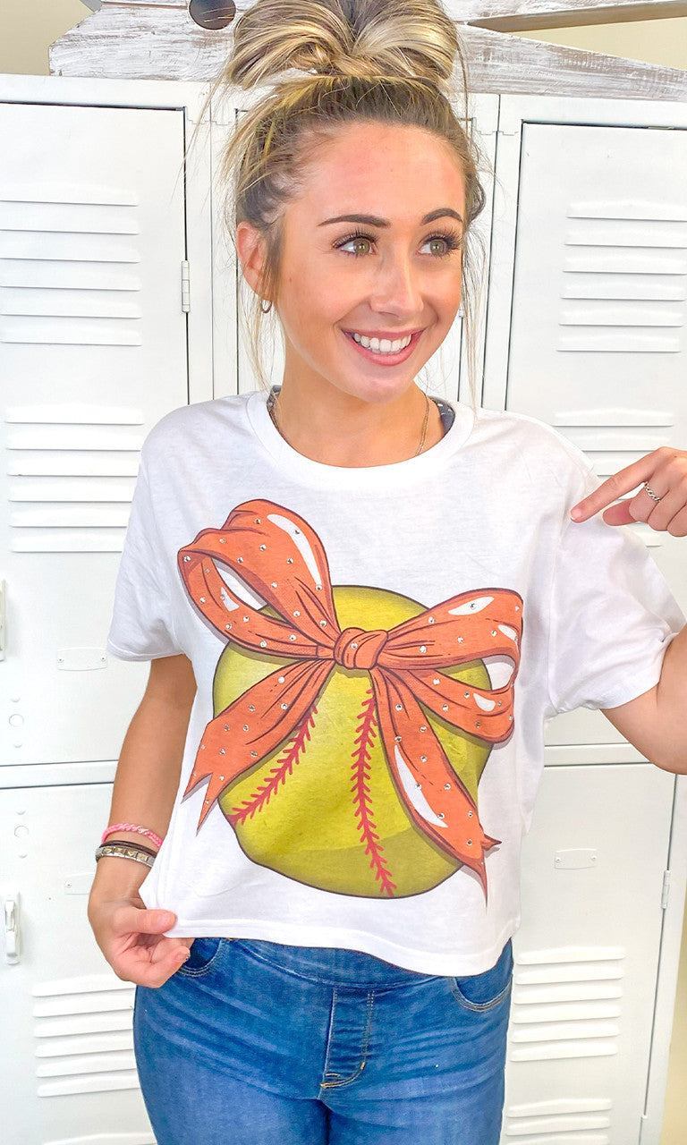 Custom Softball Bow Rhinestone Graphic Crop Top