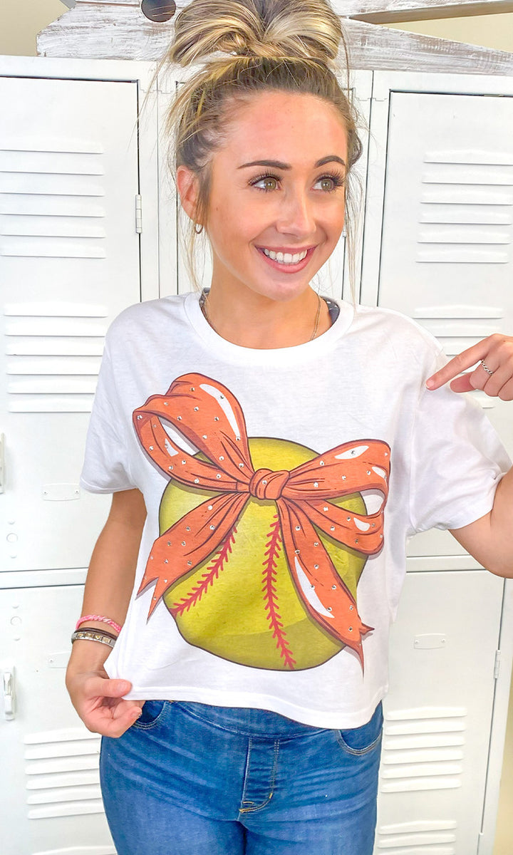 Custom Softball Bow Rhinestone Graphic Crop Top
