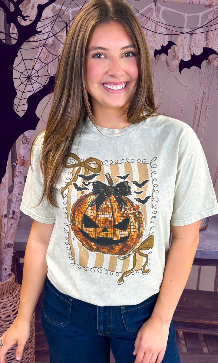Disco Pumpkin Halloween Mineral Washed Graphic Shirt