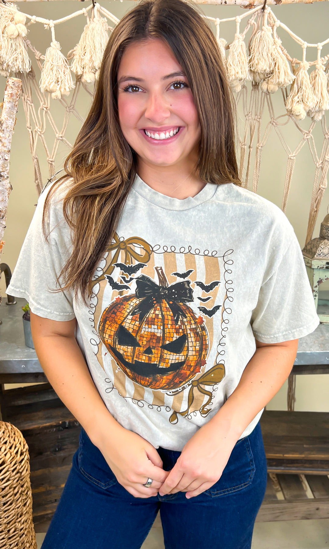 Disco Pumpkin Halloween Mineral Washed Graphic Shirt