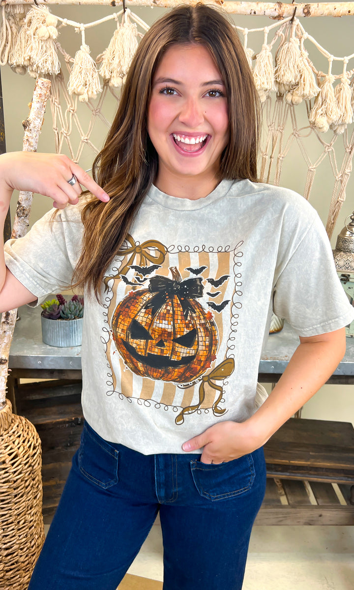 Disco Pumpkin Halloween Mineral Washed Graphic Shirt