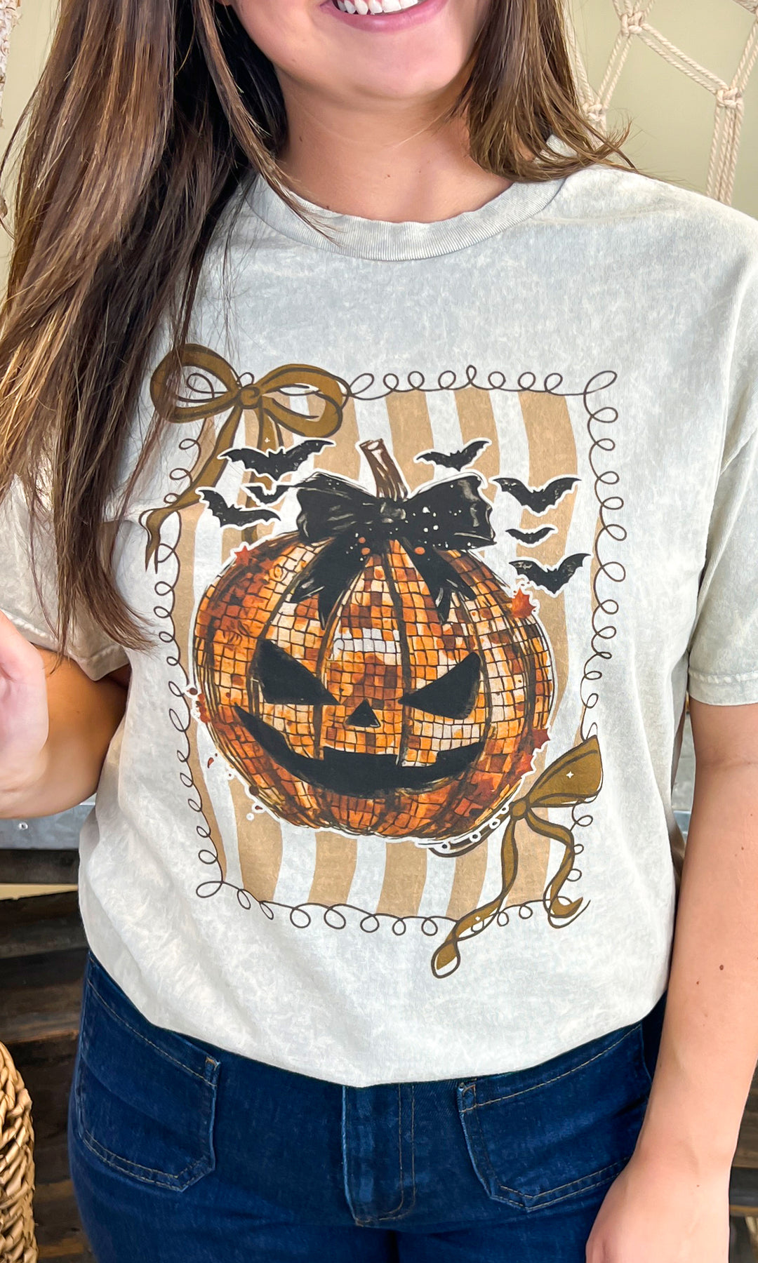 Disco Pumpkin Halloween Mineral Washed Graphic Shirt