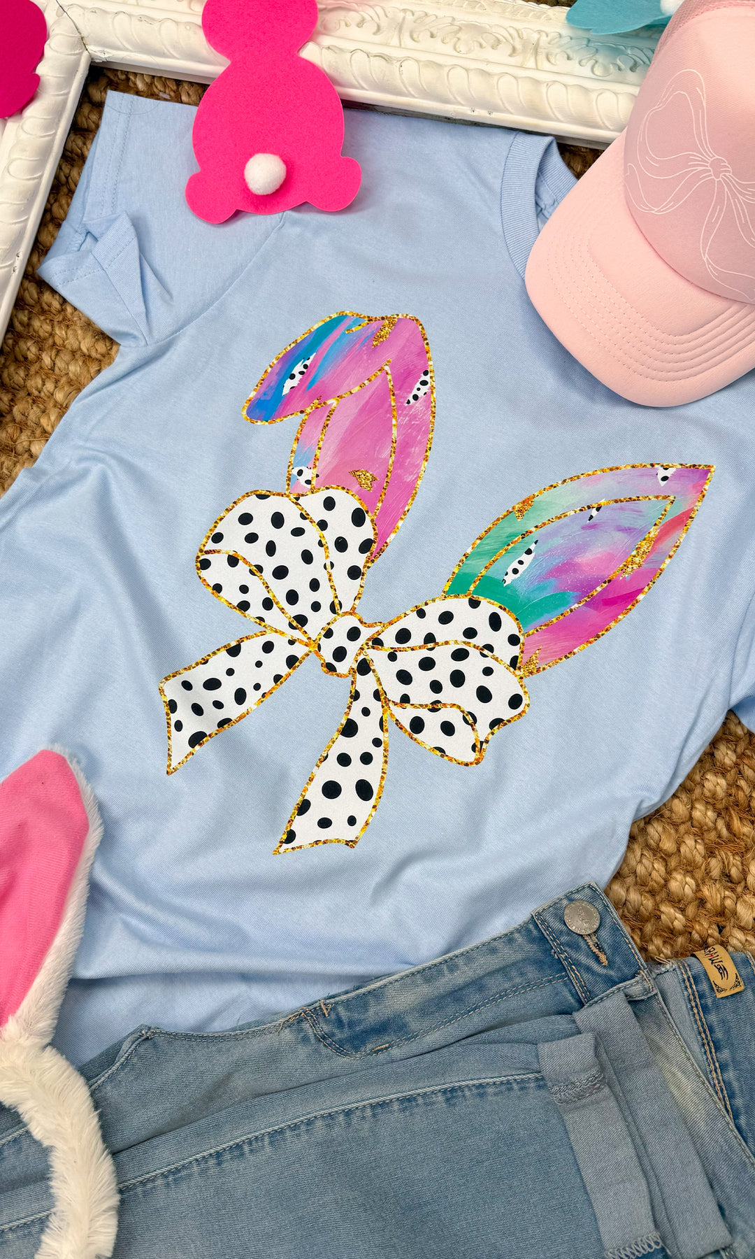 Easter Bunny Ears Polka Dot Bow Graphic T-Shirt