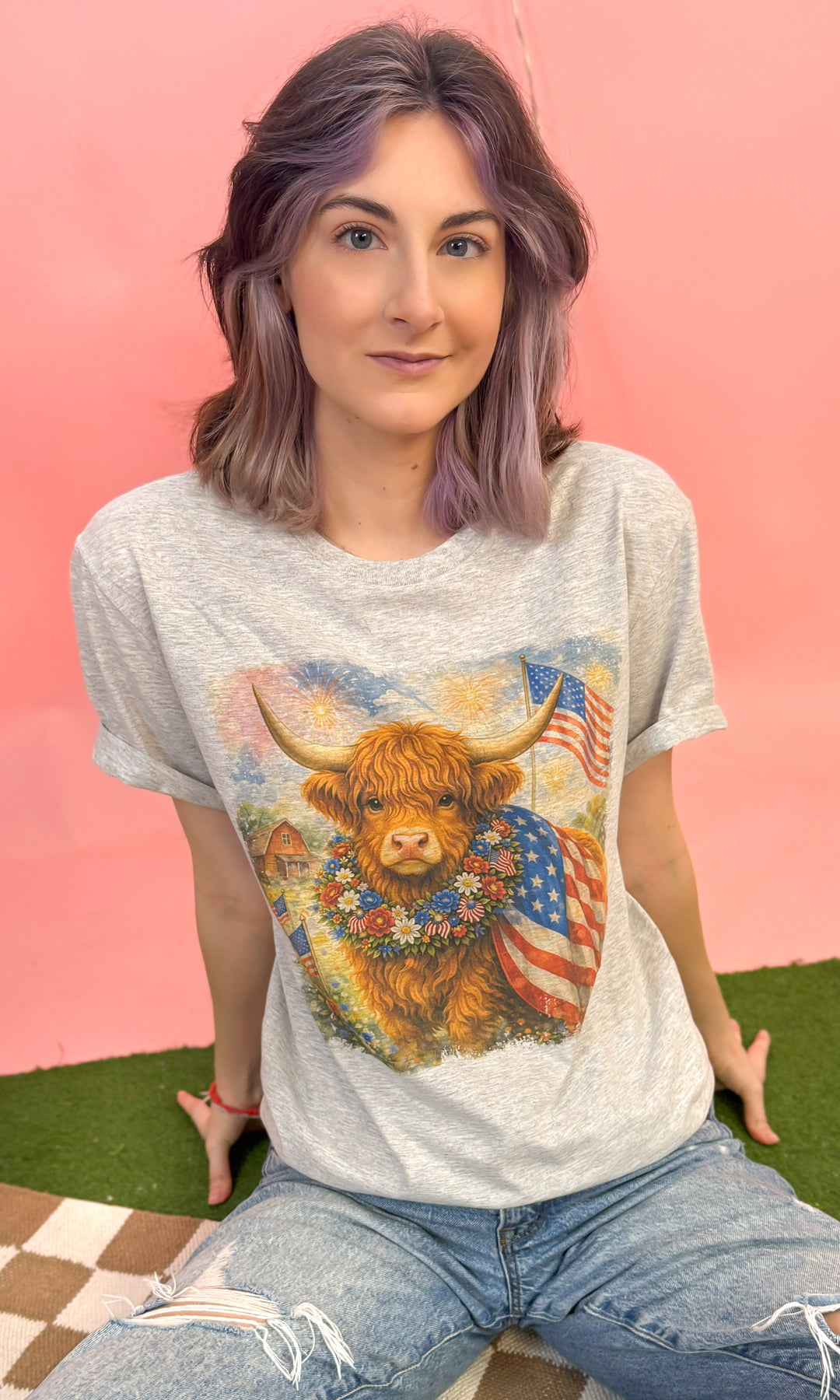 Farming Freedom Highland Cow Patriotic Graphic T-Shirt