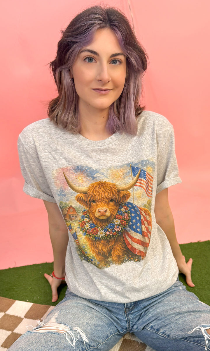 Farming Freedom Highland Cow Patriotic Graphic T-Shirt