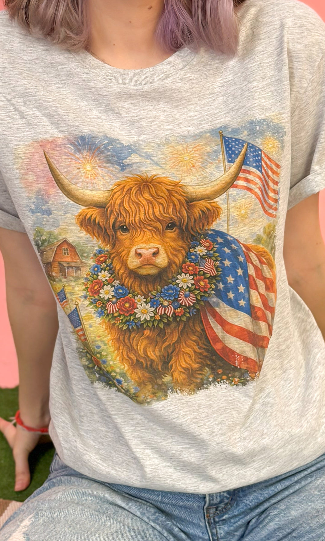 Farming Freedom Highland Cow Patriotic Graphic T-Shirt