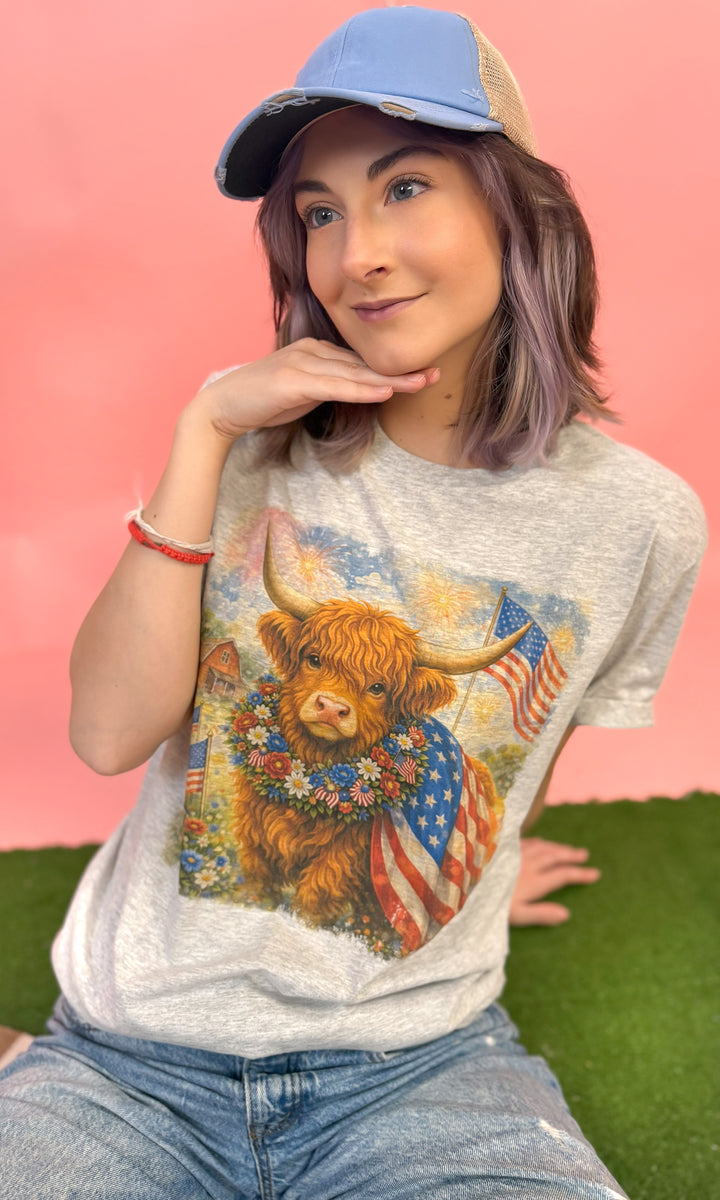Farming Freedom Highland Cow Patriotic Graphic T-Shirt