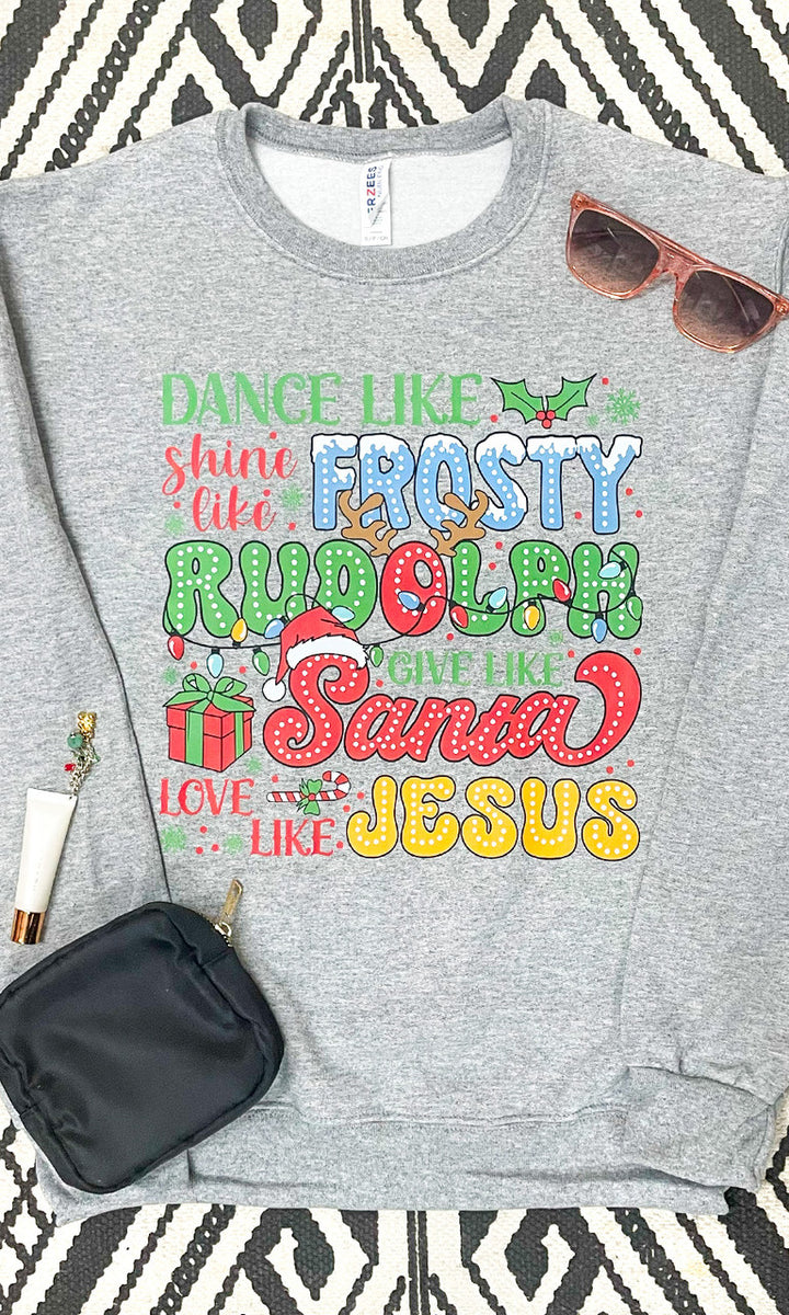 Frosty Rudolph Santa Jesus Christmas Graphic Sweatshirt